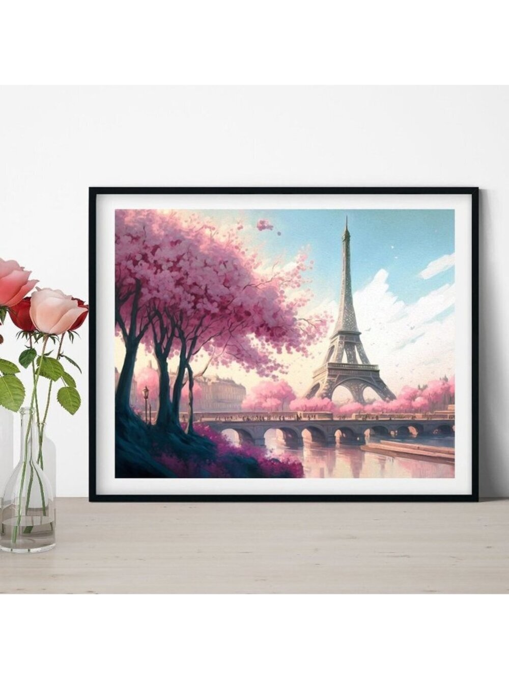8x10 Paris Eiffel Tower Floral Fantasy Watercolor Oil Painting Art Print